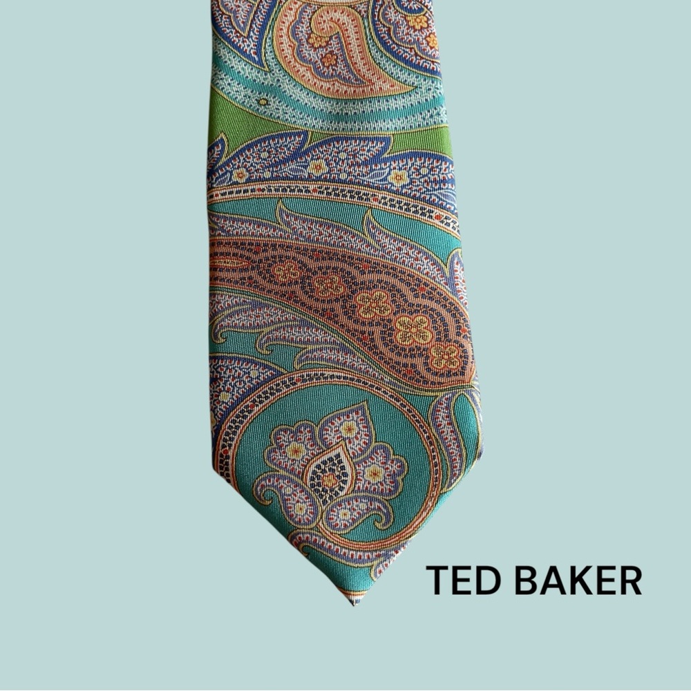 🇺🇸Ted Baker Men’s Blue Green Silk Paisley Tie - Picture 2 of 3